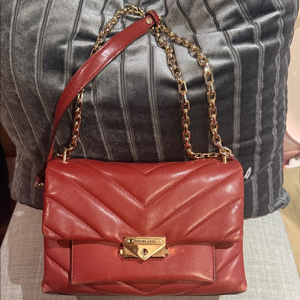 Michael Kors Burgundy Leather Shoulder Bag with Gold Chain